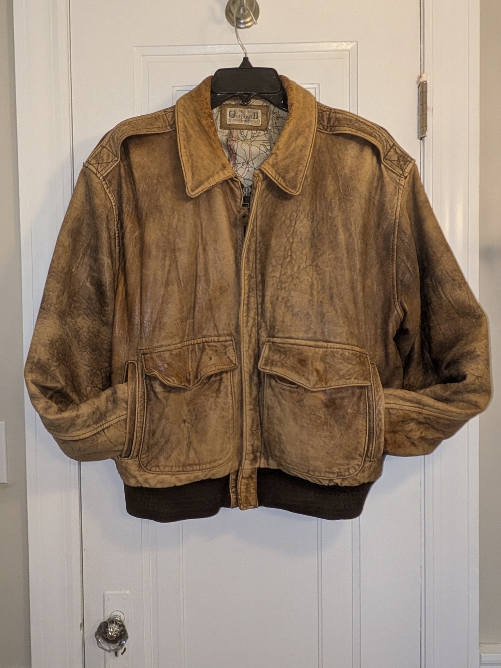 Vintage-Style Distressed Brown Leather Bomber Jacket - Outpost II